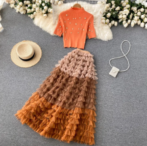 Two-Piece Short Beaded Knit Top with Mid-length Skirt, Matching Set Clothing